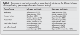 Table 3 - Summary of Most Active Upper Body Muscles During Different Phases of Golf Swing | Rebalance Sports Medicine Table 3 - Summary of Most Active Upper Body Muscles During Different Phases of Golf Swing